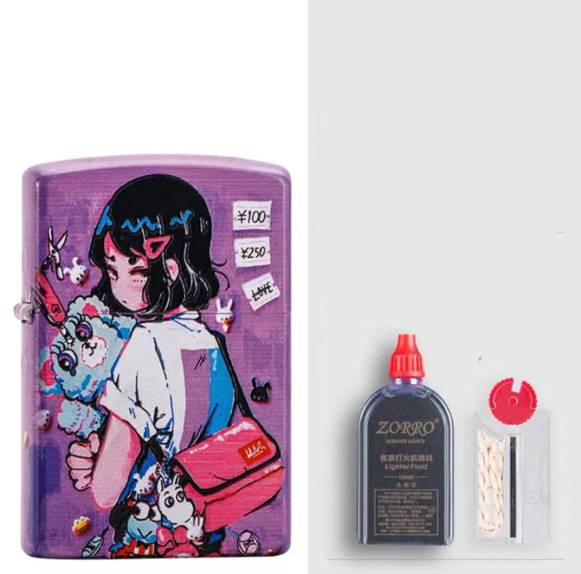 Windproof kerosene lighter with grinding wheel, pure copper case, shown with artistic design options.