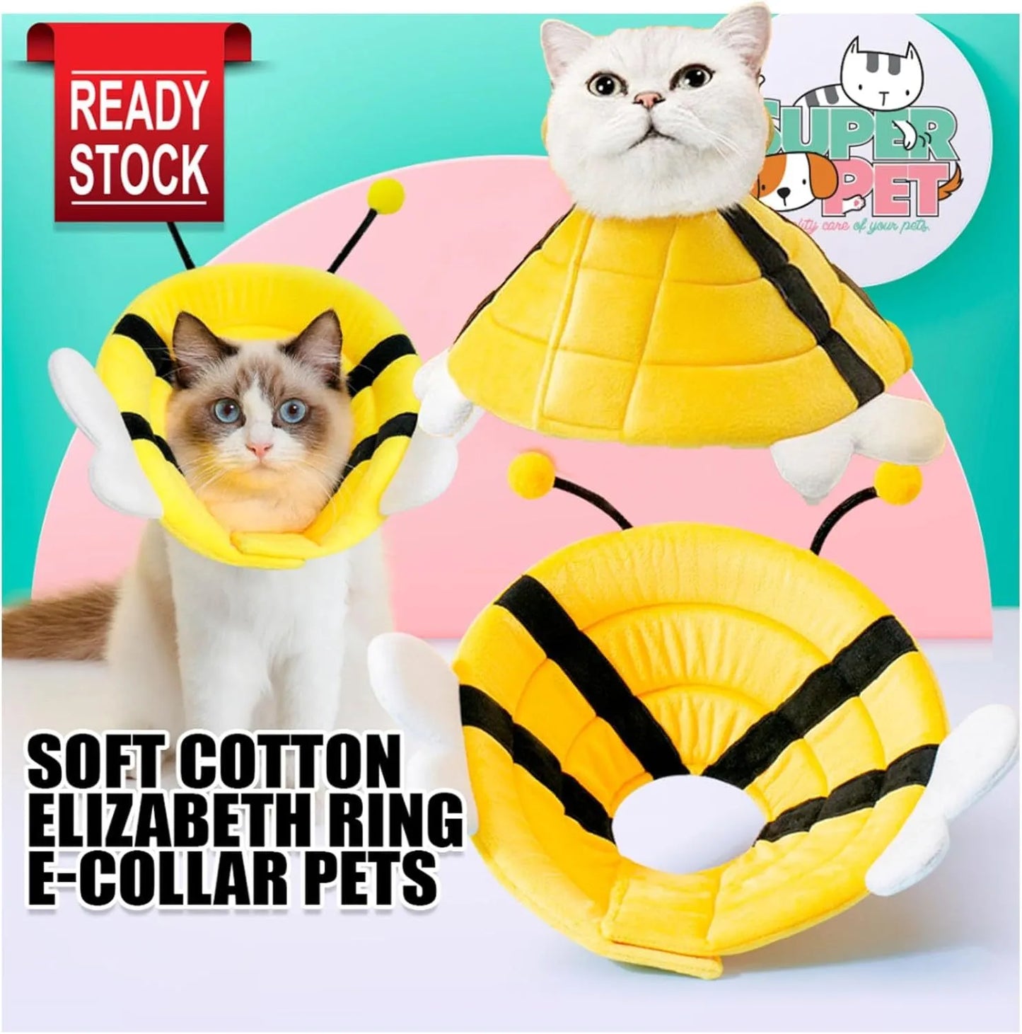 Soft cat cone collar with a yellow and black bee design and Velcro closure.