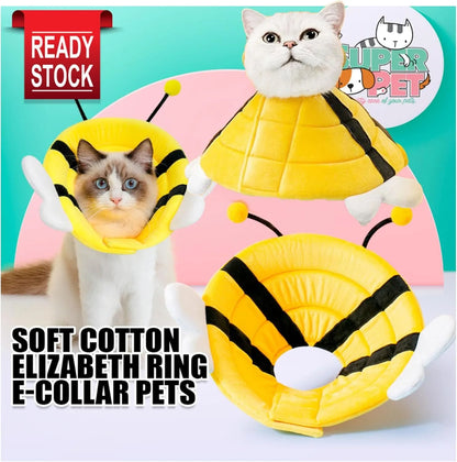 Soft cat cone collar with a yellow and black bee design and Velcro closure.