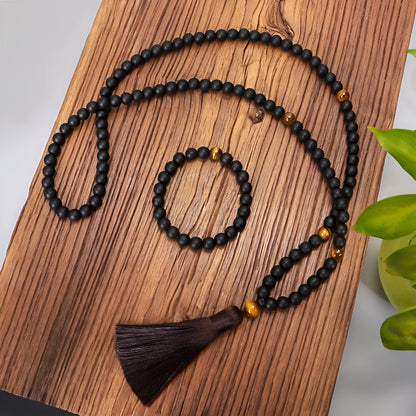 Tiger eye stone yoga necklace and matching bracelet set with tassel pendant