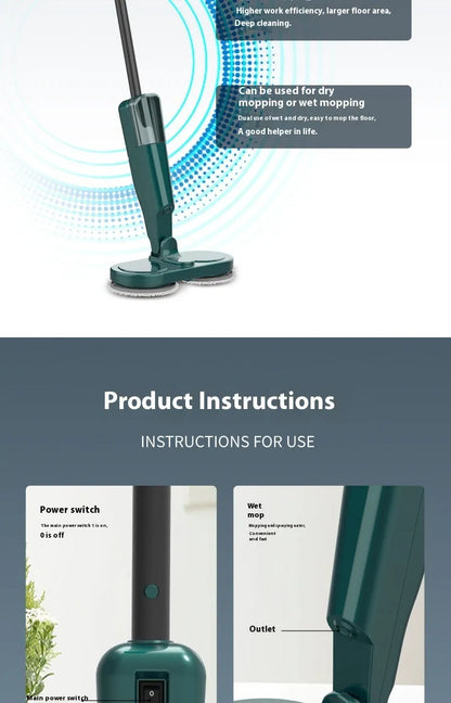 Wireless electric mop in S5 Green colour with USB charging cable and integrated water tank