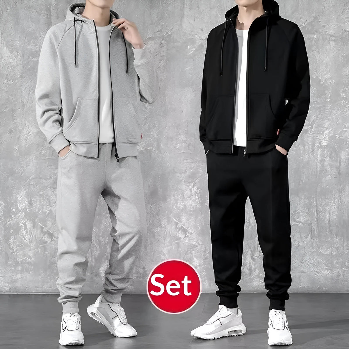 Men's cotton zip-up hoodie and long pants set in black or gray, casual spring tracksuit, sizes M to 4XL