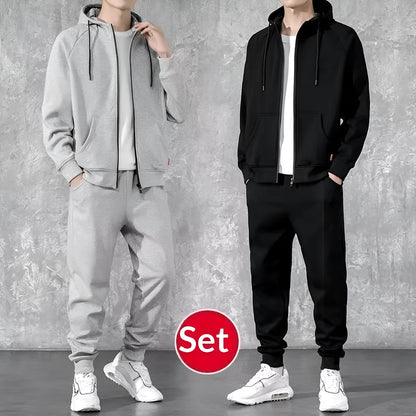 Men's cotton zip-up hoodie and long pants set in black or gray, casual spring tracksuit, sizes M to 4XL