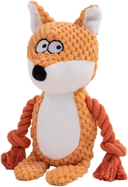 Stuffed animal dog plush toy with cotton rope, shown in elephant, fox, monkey, pig, or rabbit shapes.