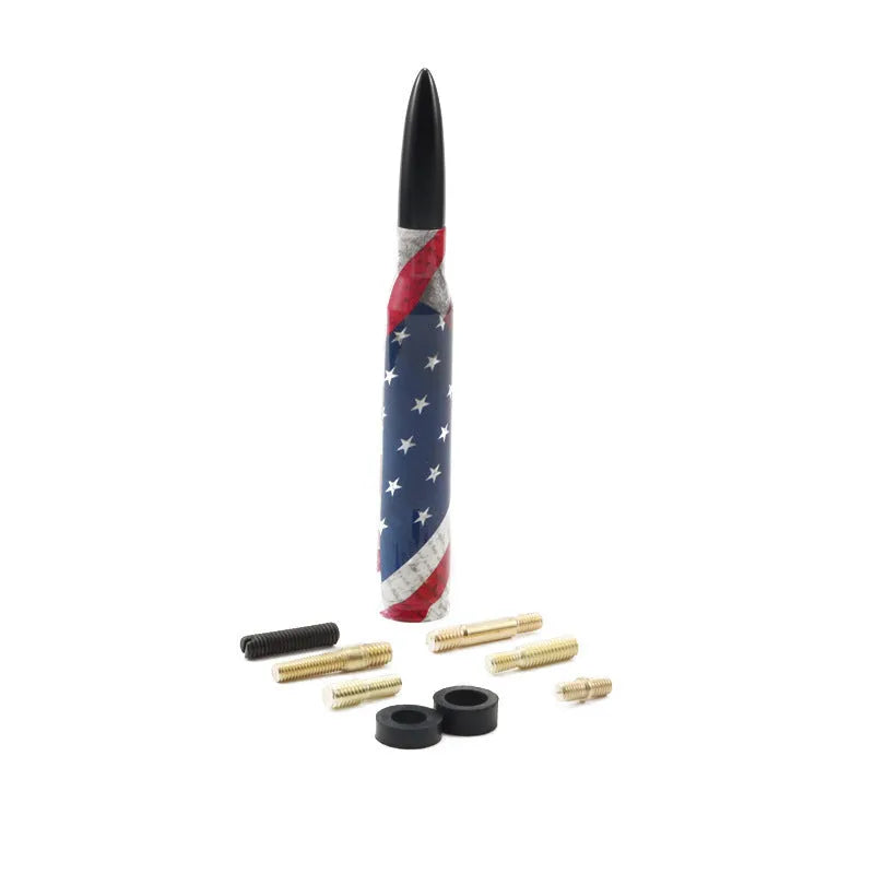 14cm long bullet car antenna shown in colour black, camouflage green, and American flag designs.