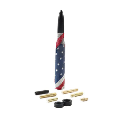 14cm long bullet car antenna shown in colour black, camouflage green, and American flag designs.