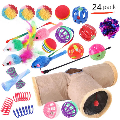 Plastic cat toy set with coloured tunnel channels and a ball for interactive indoor play.