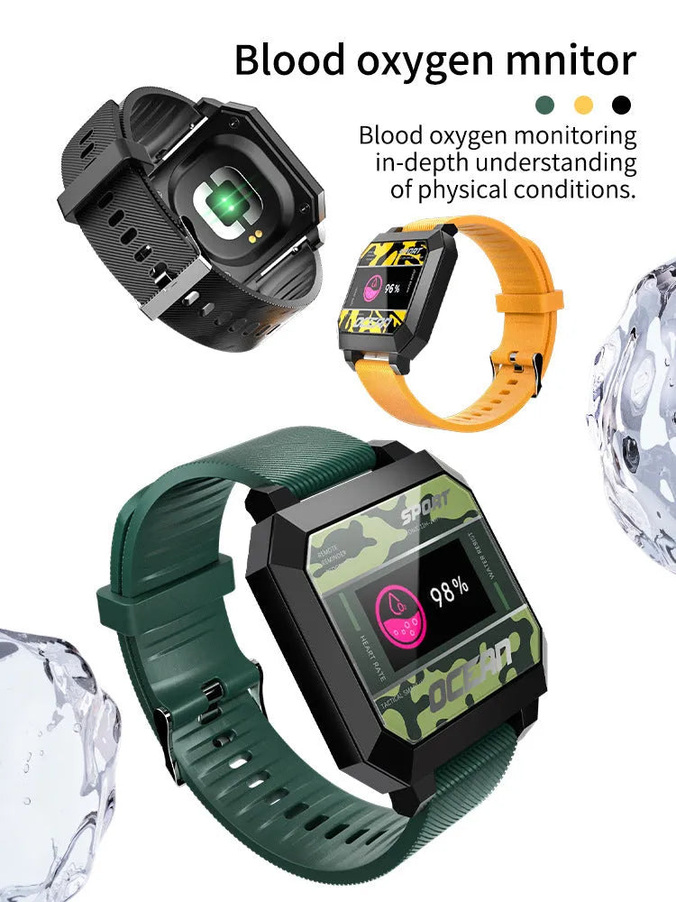 Smart sports watch with 0.96 inch touch screen, silicone strap, PC ABS case, available in black green orange
