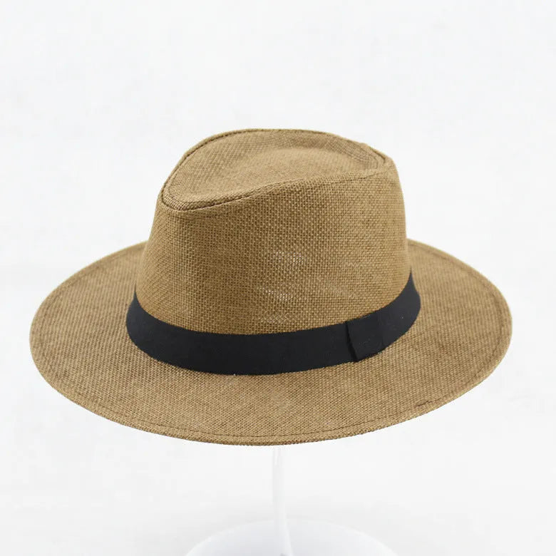 Men's flat top wide brim sun hat in paper fabric with 6-7cm brim for outdoor sun protection