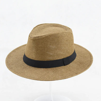 Men's flat top wide brim sun hat in paper fabric with 6-7cm brim for outdoor sun protection