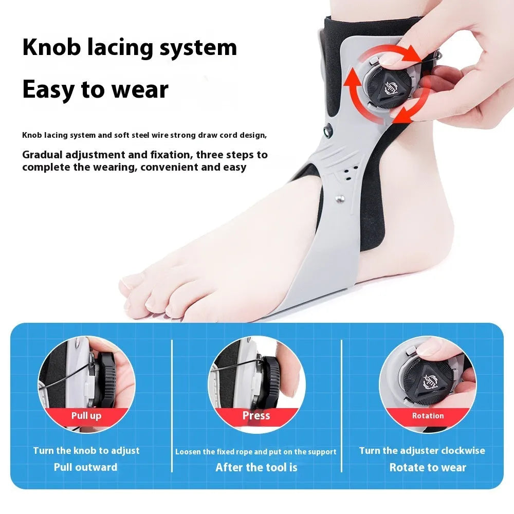 Grey and black ankle support brace with airbag button fixation system shown in multiple sizes