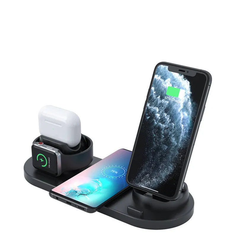 Black 6-in-1 wireless charging station with phone in holder, AirPods case, and smartwatch on charging spots.