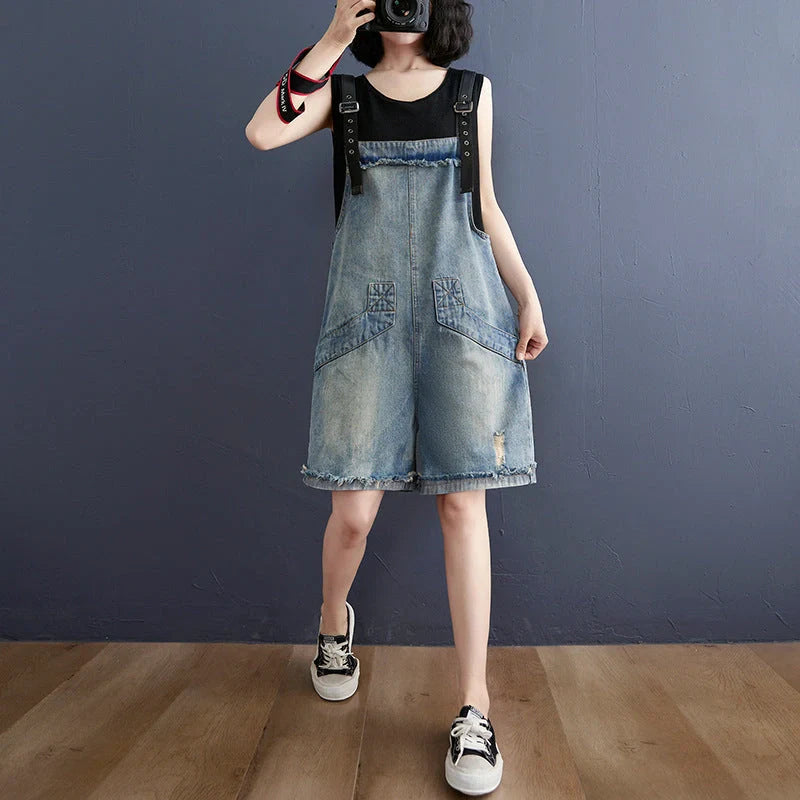 Korean style denim suspenders for women with adjustable straps