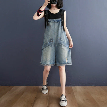 Korean style denim suspenders for women with adjustable straps