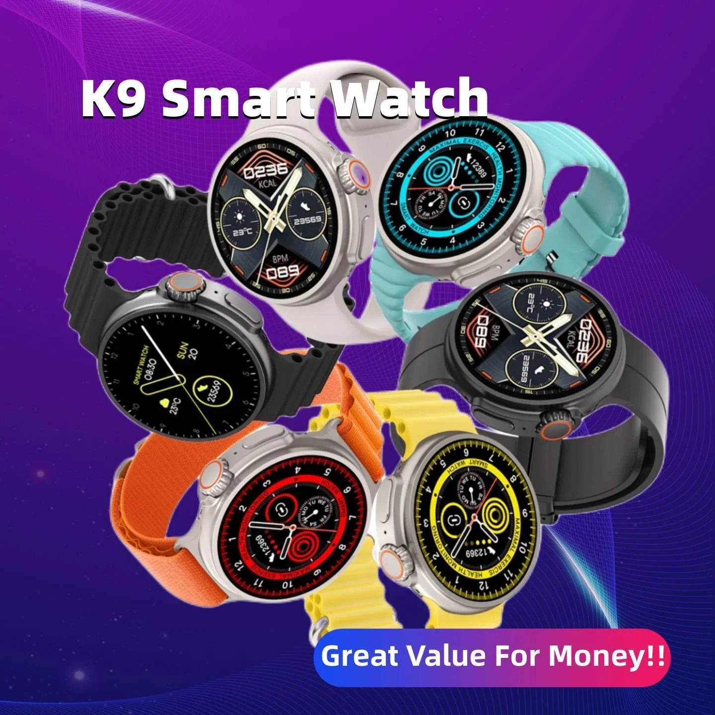 K9 Smartwatch with 1.39-inch round display, wireless charging, Alipay, NFC, and health monitoring features