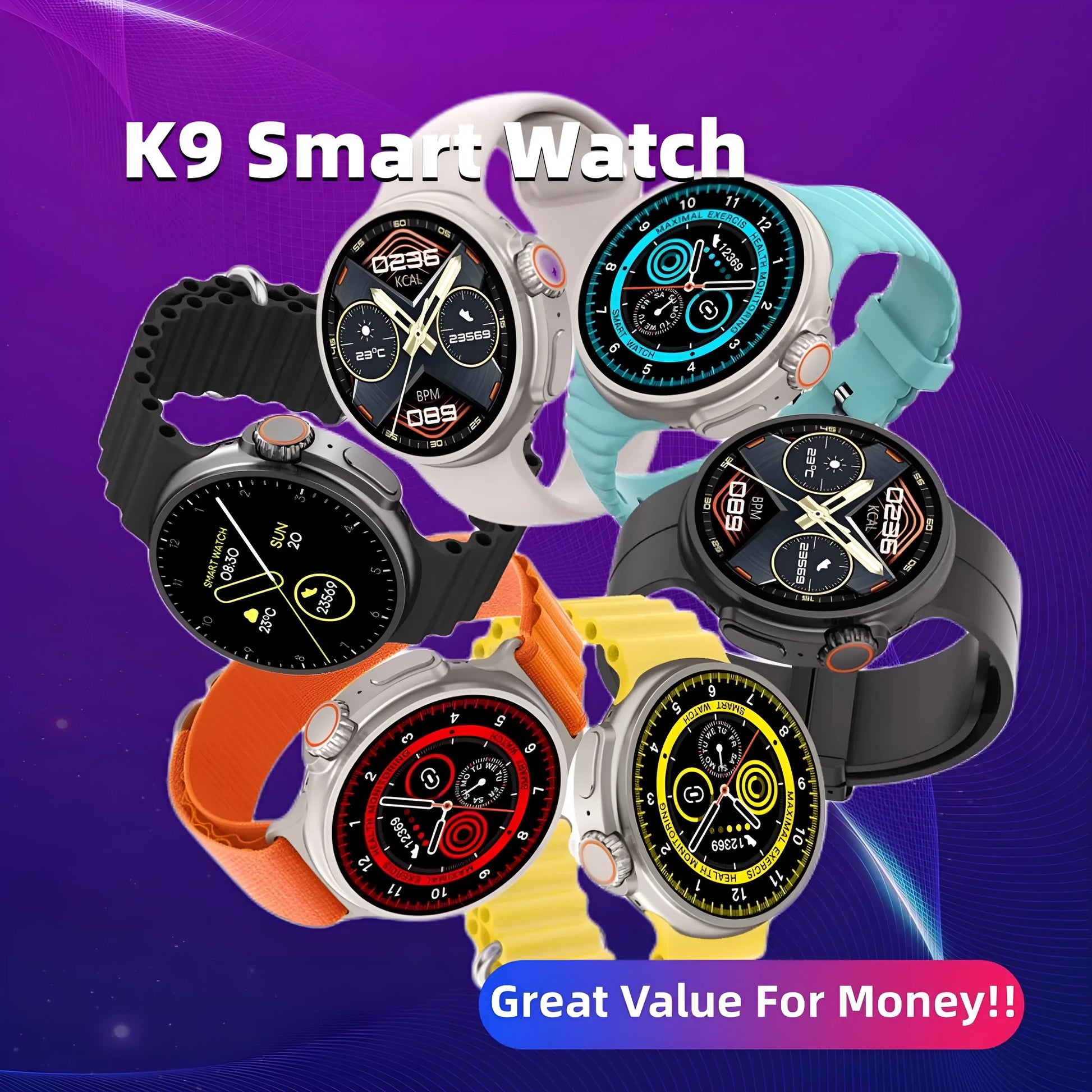 Black K9 smart watch with round screen and silicone strap on wrist