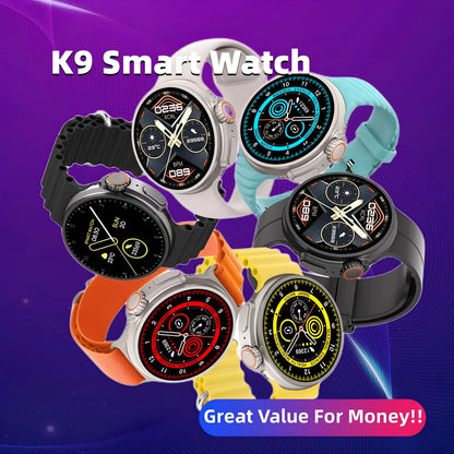 Black K9 smart watch with round screen and silicone strap on wrist