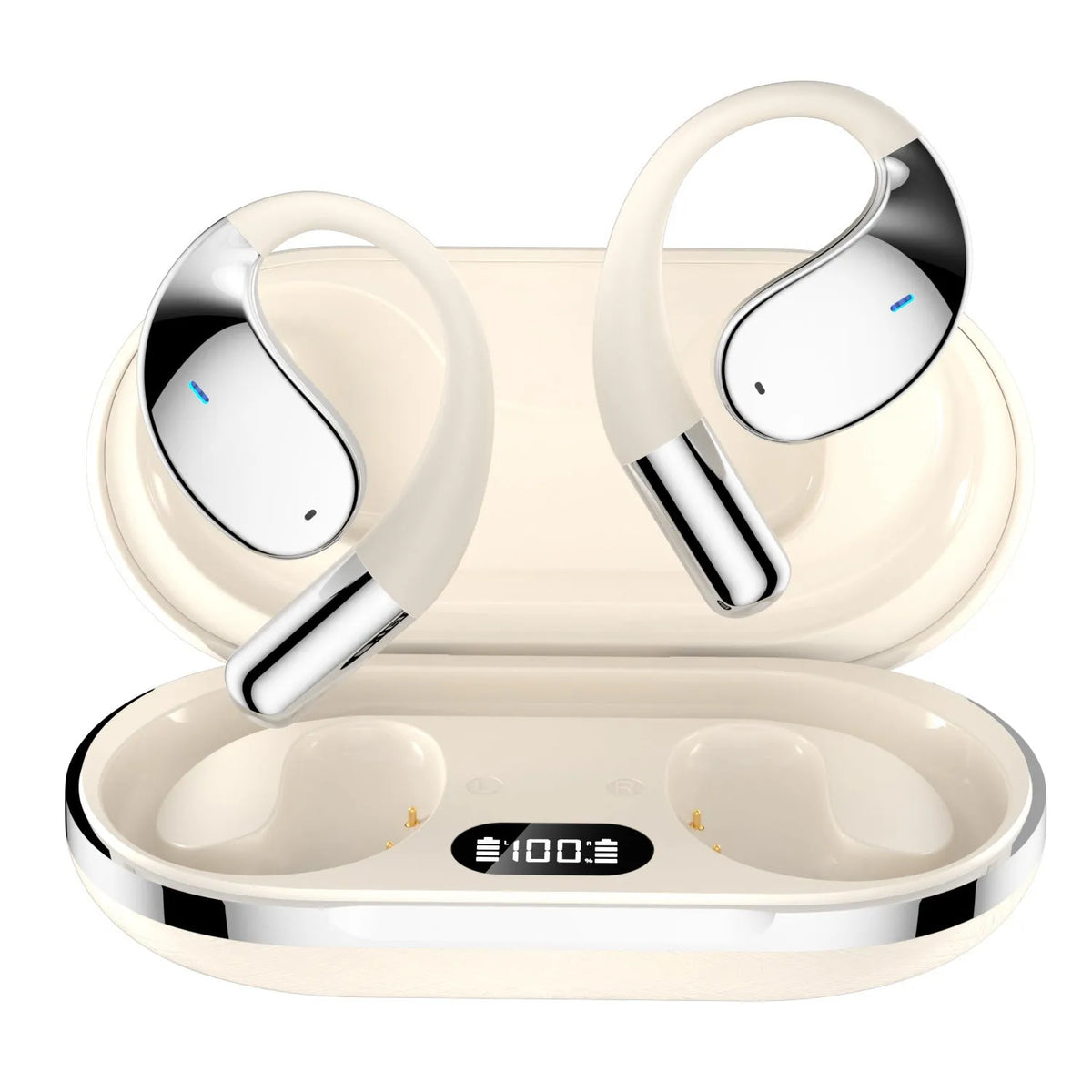 Beige and black sports Bluetooth earphones with a hanging ear design, shown with a digital display.