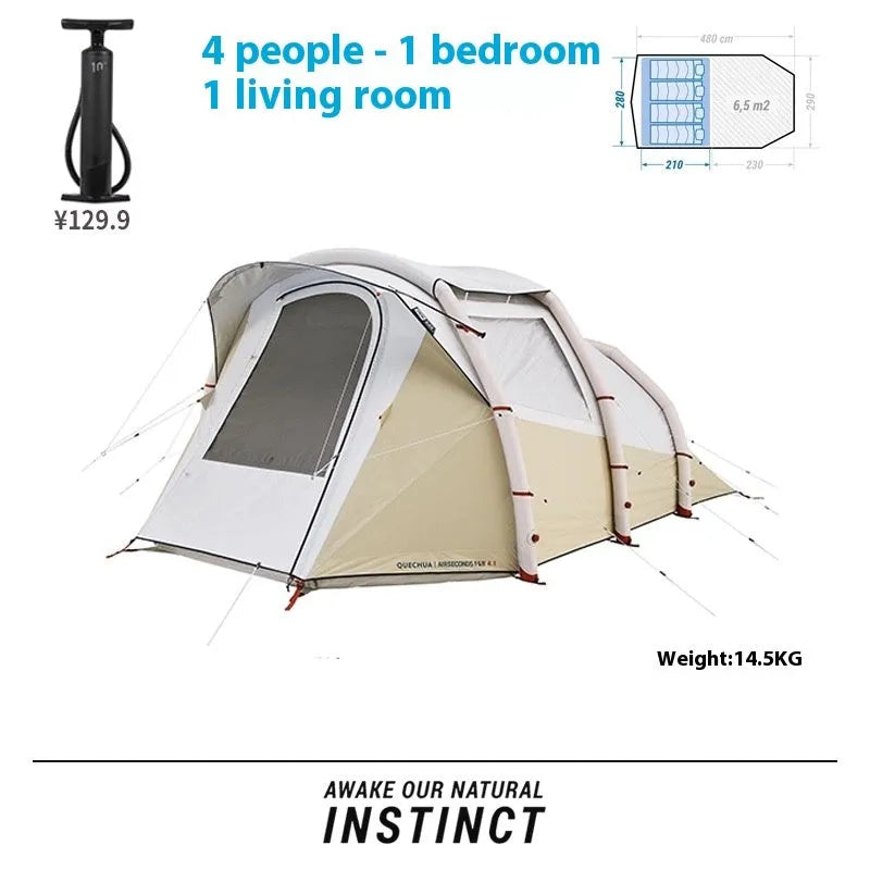 Inflatable four-person camping tent with one bedroom, one living room, rainfly and hand pump
