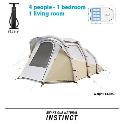 Inflatable four-person camping tent with one bedroom, one living room, rainfly and hand pump