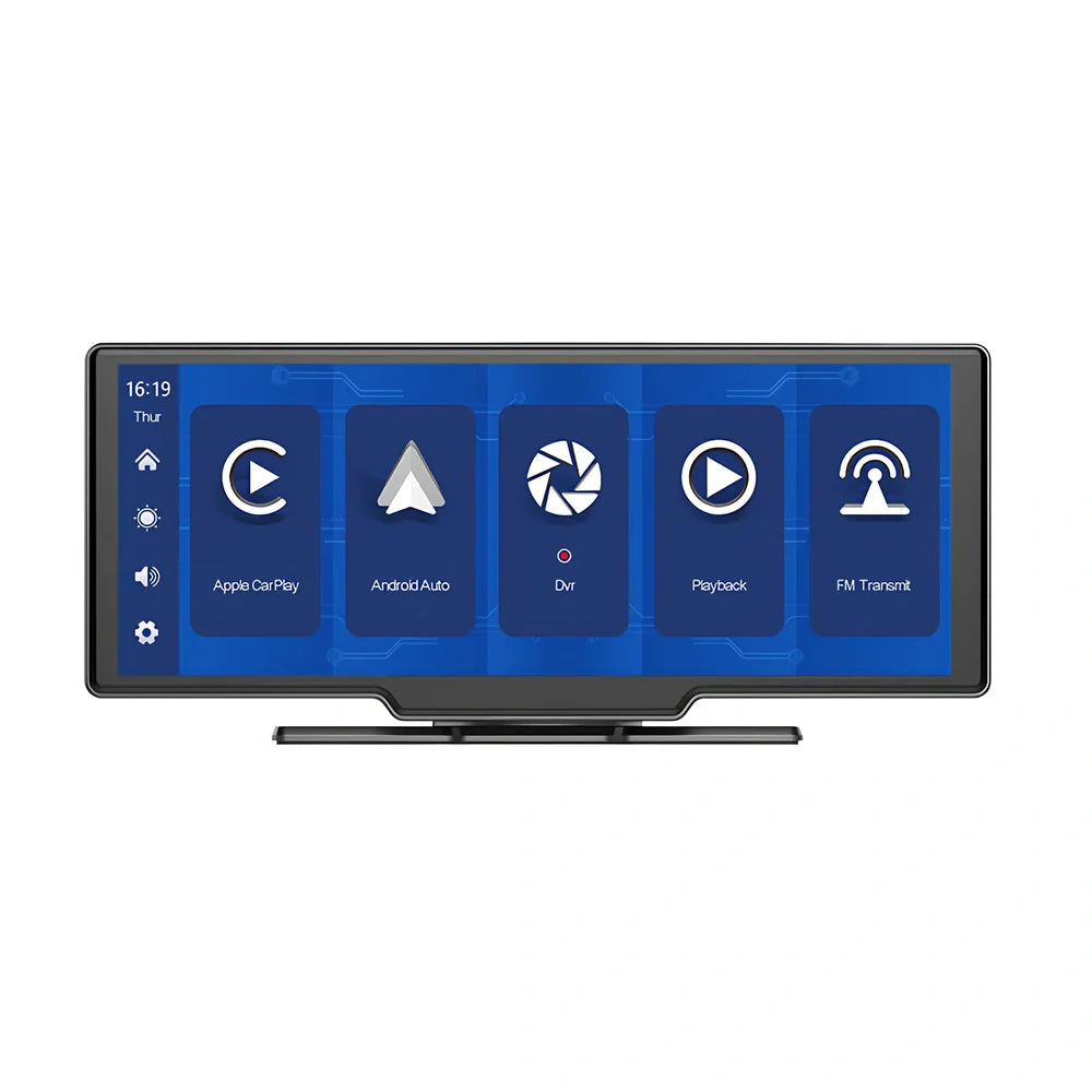 10.26 inch wireless CarPlay car recorder with 140° wide-angle lens on vehicle dashboard