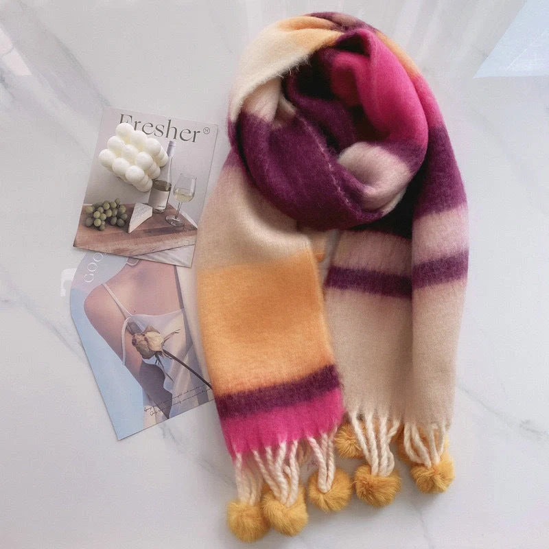 Vibrant Rainbow Mohair Tassel Scarf in various colors, perfect for winter fashion