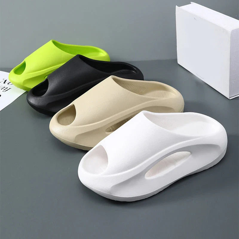 Stylish unisex beach slippers with peep-toe design in various colors including black, white, and khaki