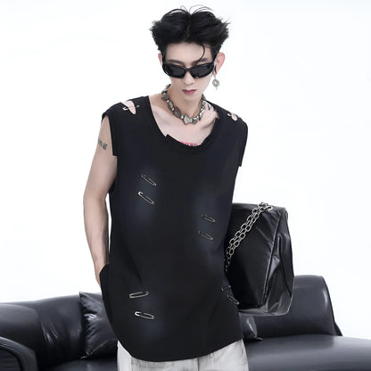 Men's black sleeveless t-shirt waistcoat vest with irregular ripped cutting detail and round neck collar