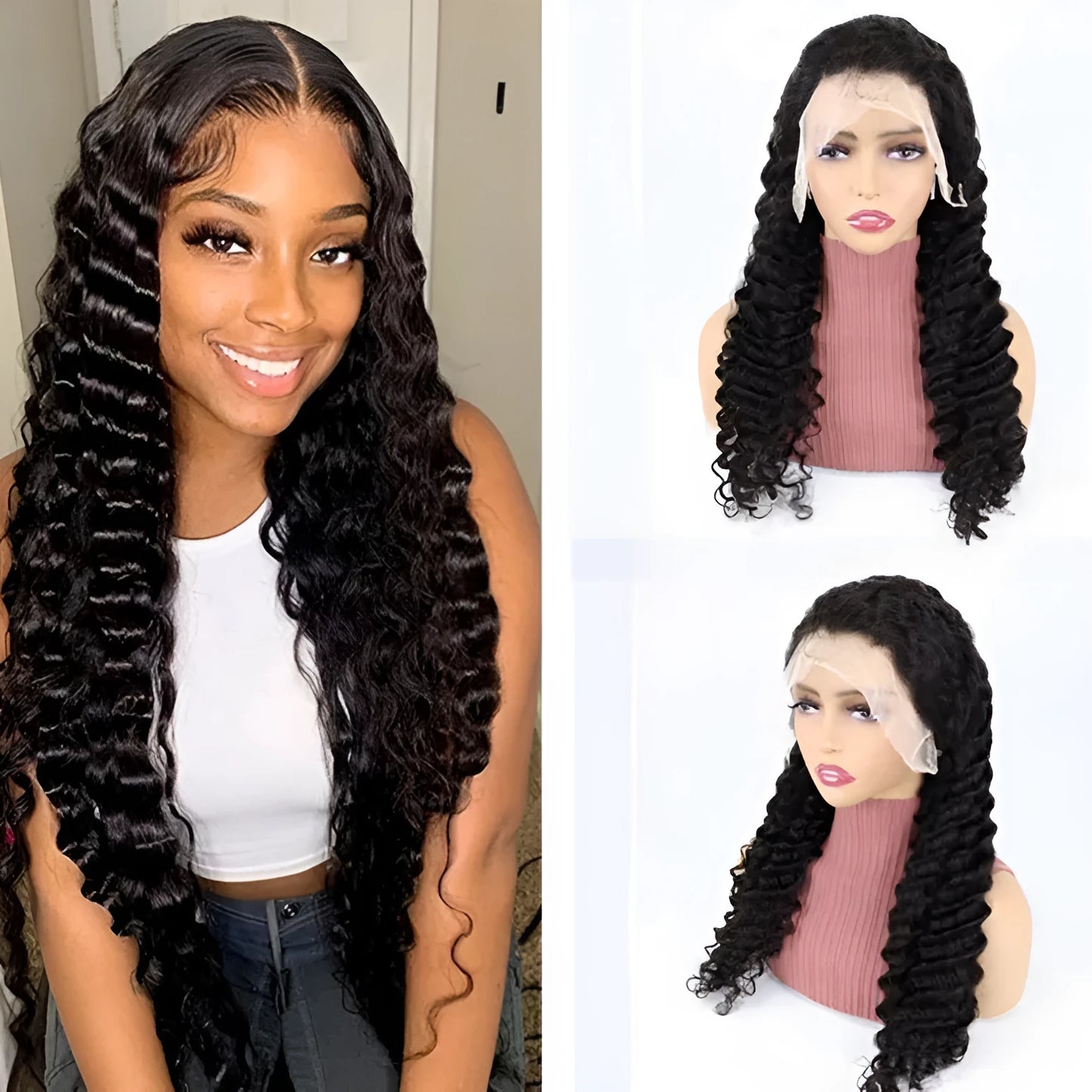 A simple solid colour human hair wig with half lace cover, shown in a long length.