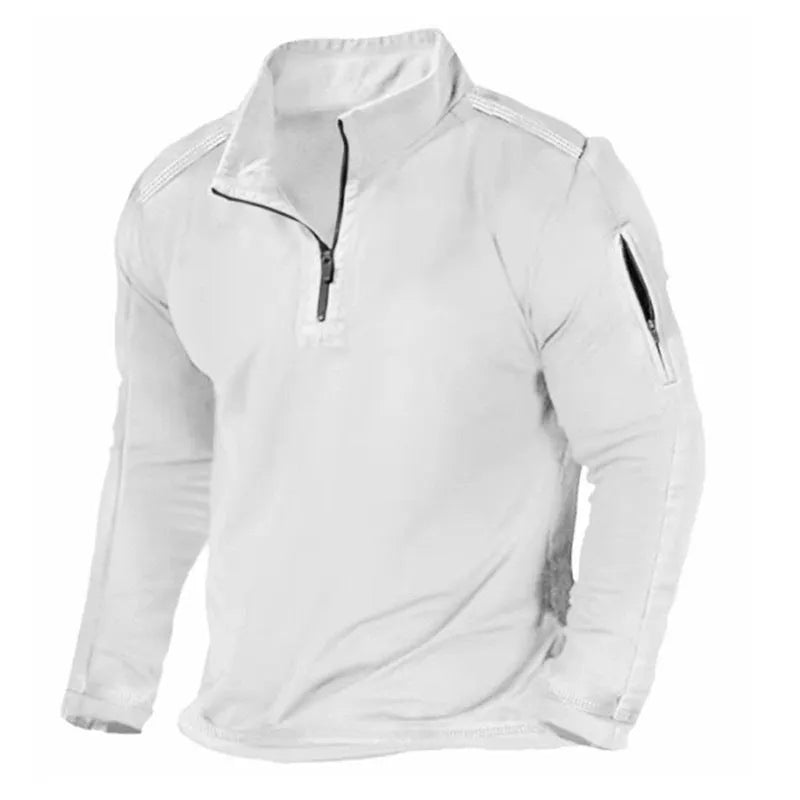 Men's zip-front sweater with stand collar in polyester fibre, showing full-length zip and long sleeves