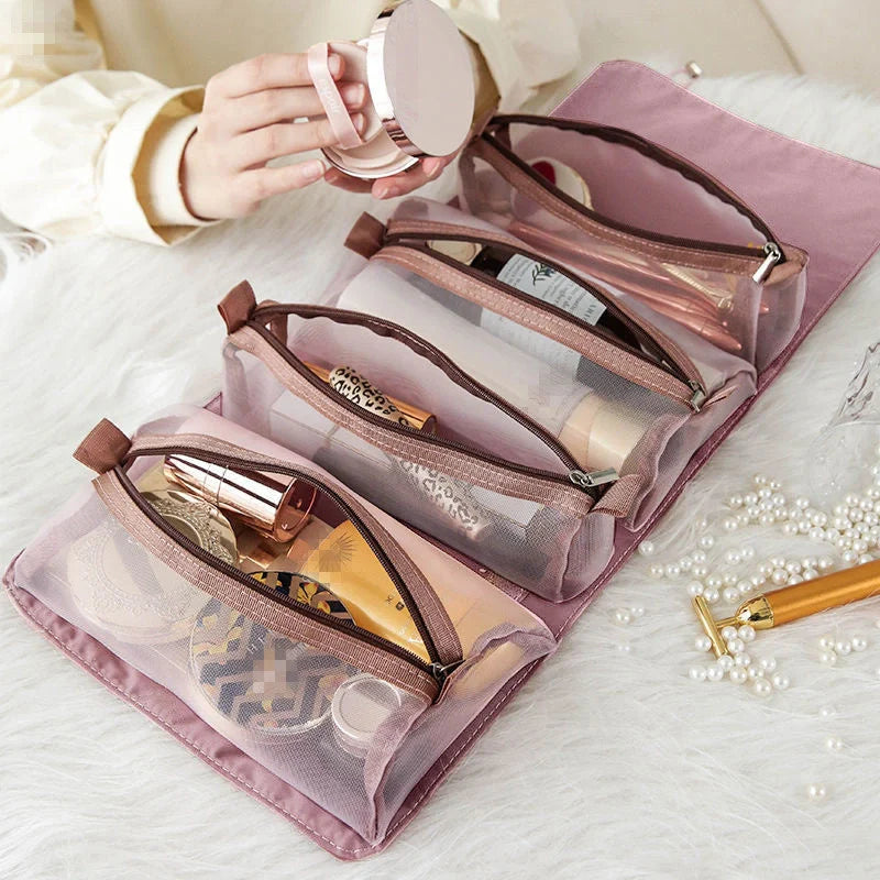 4-in-1 detachable cosmetic bag in green, pink, and black with waterproof oxford material