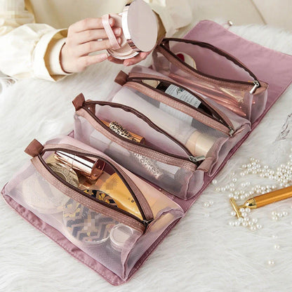 4-in-1 detachable cosmetic bag in green, pink, and black with waterproof oxford material