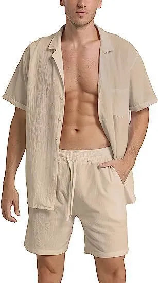 Men's flax summer sports short-sleeved top and shorts suit in army green colour