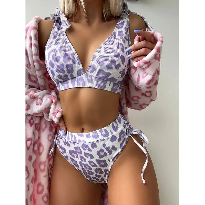 Women's purple leopard print lace-up high waist suit with sleeveless top and matching shorts