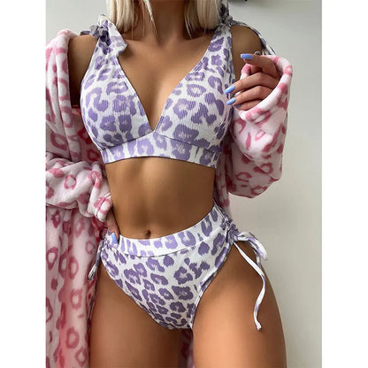 Women's purple leopard print lace-up high waist suit with sleeveless top and matching shorts