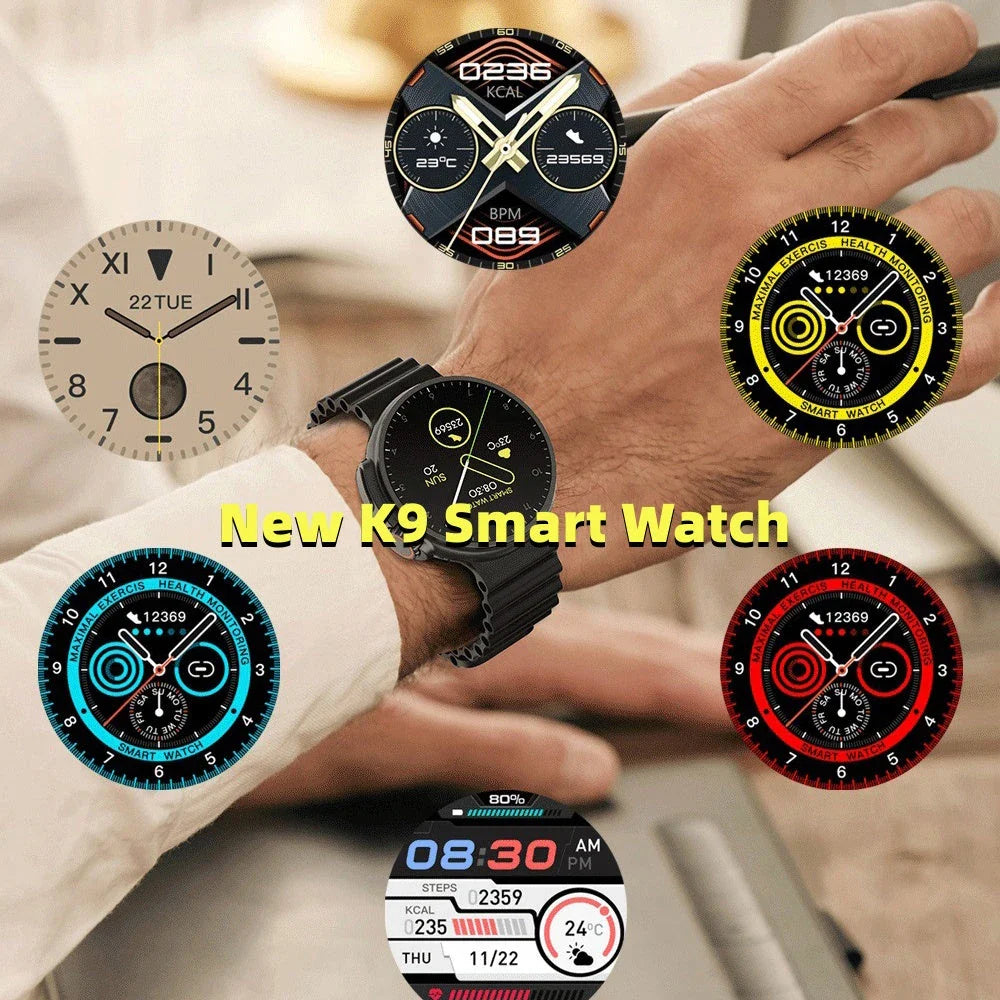 K9 Smartwatch with 1.39-inch round display, wireless charging, Alipay, NFC, and health monitoring features