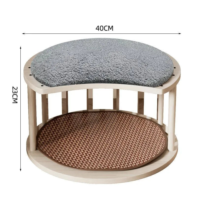 Solid wood cat nest with reversible summer mat and plush cushion, available in grey, white, plaid, and warm orange