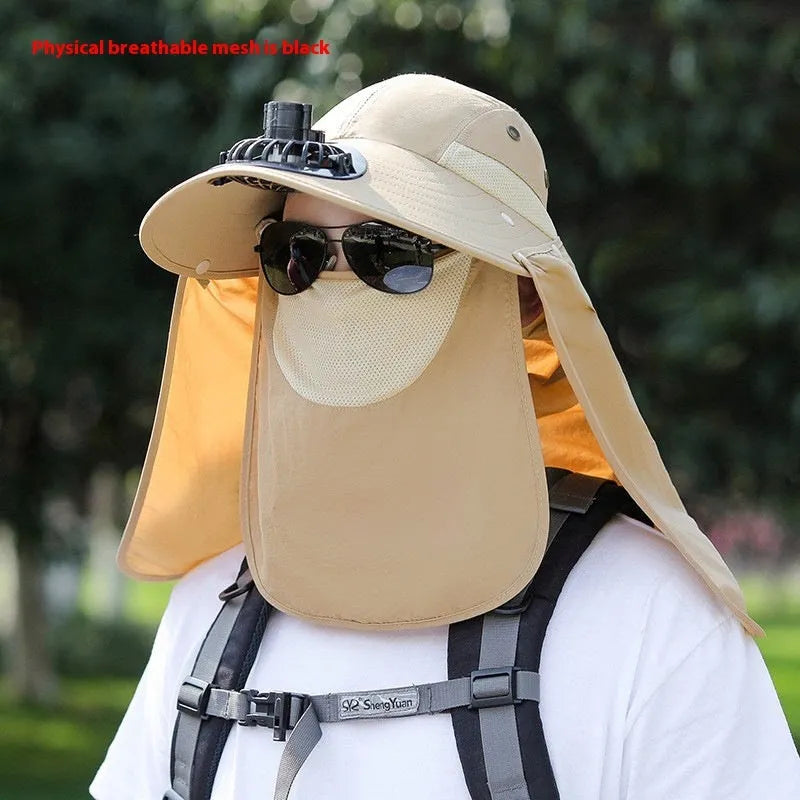 Men's khaki sun hat with built-in cooling fan and attached face covering neck shawl for outdoor protection.