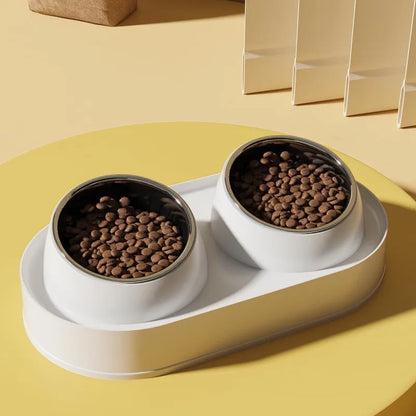 White elevated pet feeder with two tilted bowls on a non-slip base, for cat and small dog food and water.
