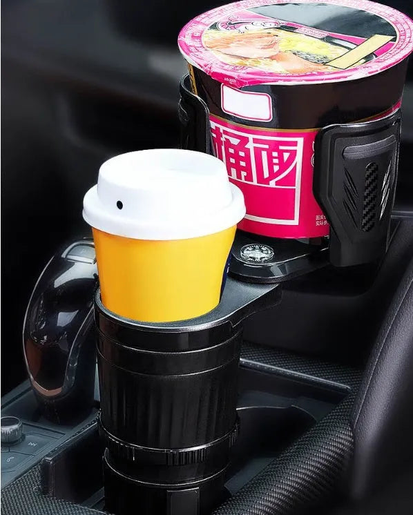 Black car cup holder with adjustable base showing retracted and extended positions
