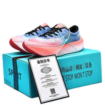 Low-top running shoes with carbon plate on a road, showing PU mesh upper and natural rubber sole in Glacier colour.