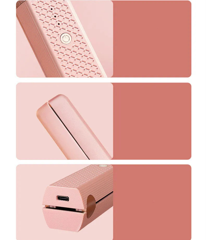Pink and green cordless mini USB hair straightener and curler with ceramic plates.