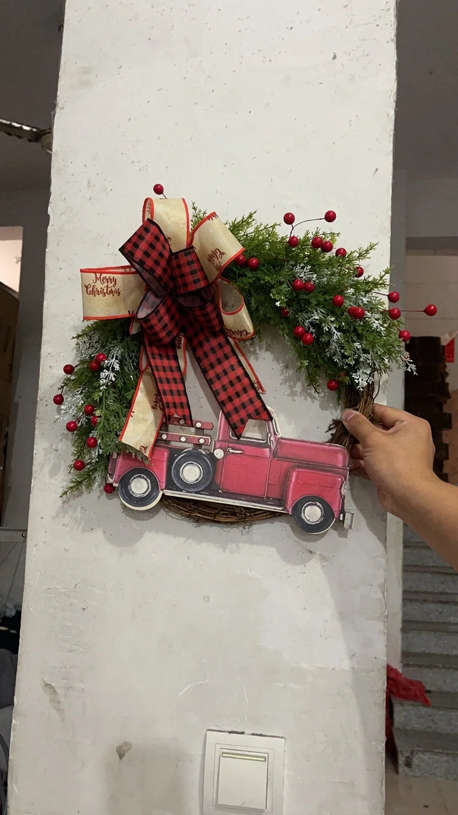 Christmas wooden garland with red truck and pumpkin design