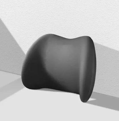 Black memory cotton car headrest cushion and matching lumbar support cushion on a car seat.