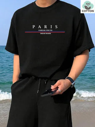 Men's heavyweight pure cotton short-sleeved T-shirt with a printed letter design in a loose fit.