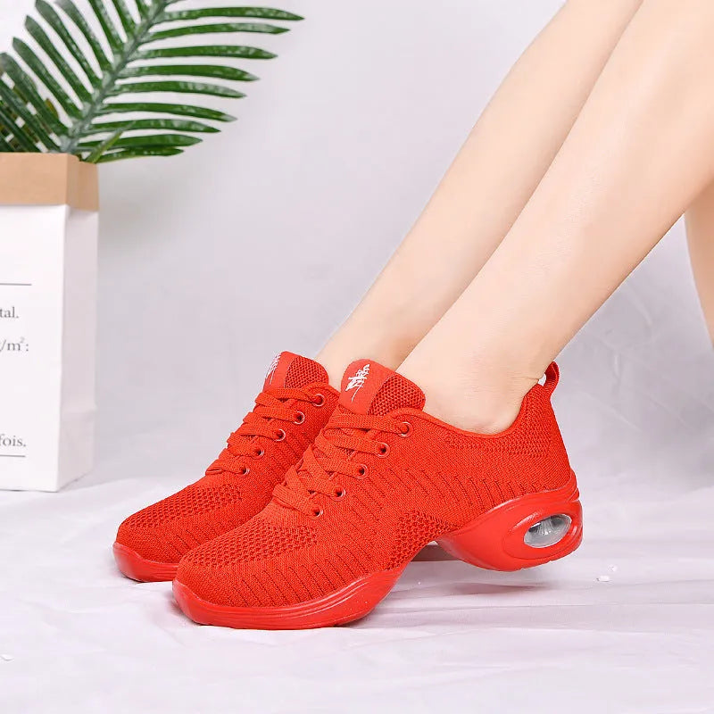 Women's breathable fly woven mesh dancing shoes in a light colour with a soft PU sole.