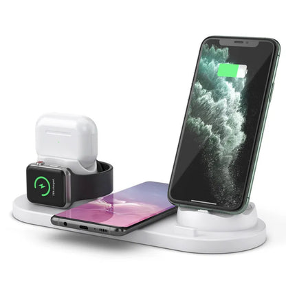 Black 6-in-1 wireless charging station with phone in holder, AirPods case, and smartwatch on charging spots.