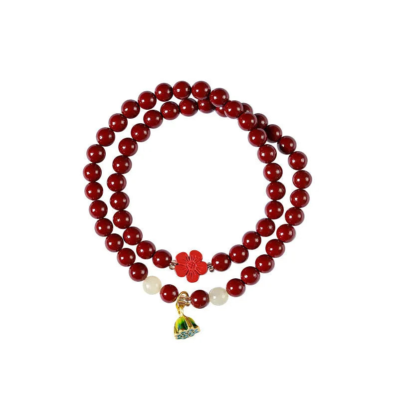 Bracelet for women hand-woven from purple gold sand with double circle design and cinnabar beads, a retro lotus seedpod style bracelet with 6mm beads, purple gold colour women's jewellery
