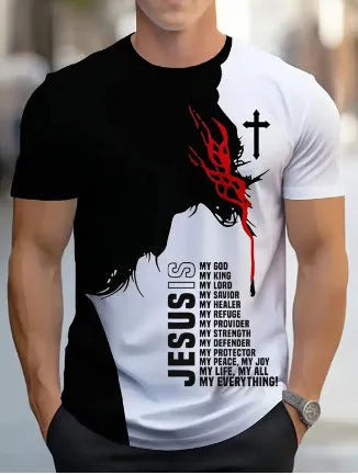 Men's loose fit digital printed T-shirt with striped pattern and short sleeves