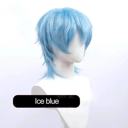 Short-length anime cosplay wig in high-temperature fibre on a stand.